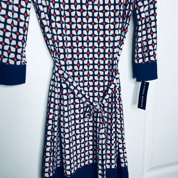 Donna Morgan Long Sleeve Shift Dress Collared Geometric Blue/White/orange Size 6 - Picture 3 of 10
